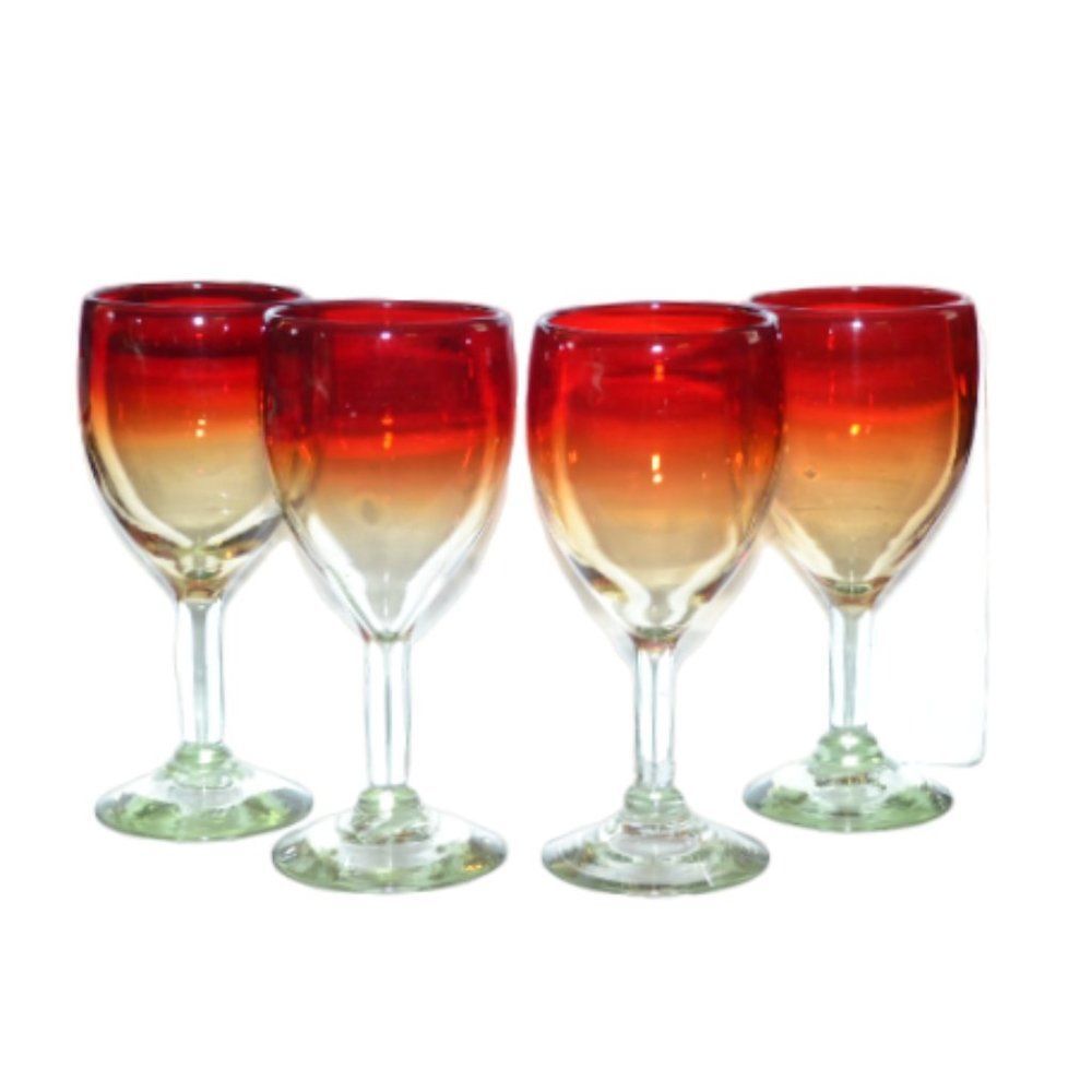 Set Of 4 Handblown Water Or Wine Glasses Red And Clear Stemmed